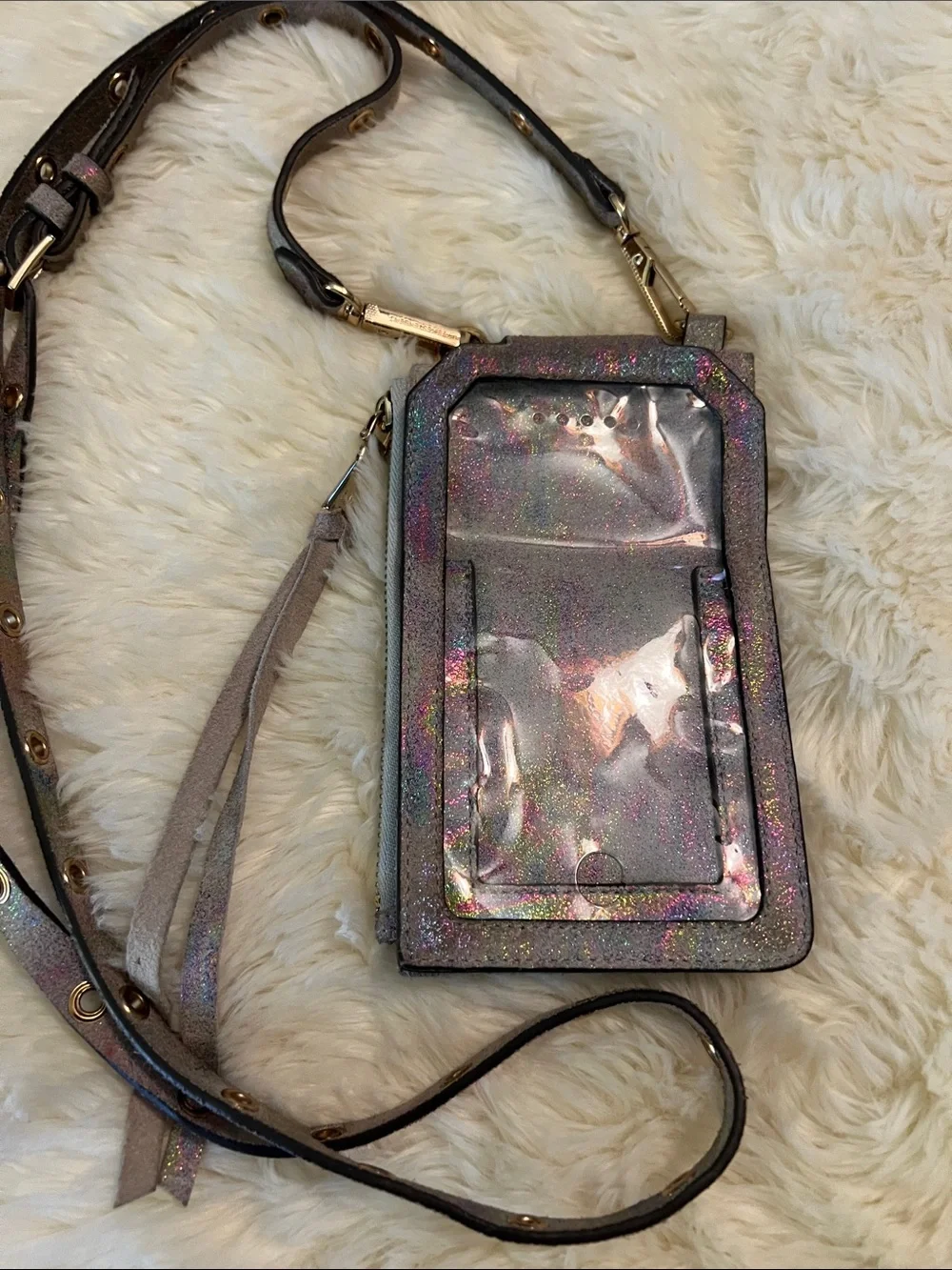 Aimee Kestenberg iridescent Holographic Silver Phone Crossbody Wallet